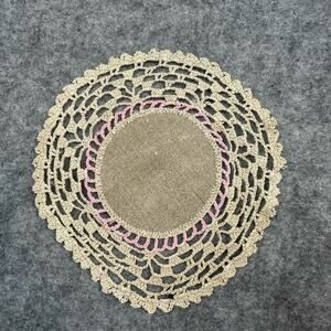 Vintage Crochet Doily Woven Lace Beige Natural with Pink Small Coaster Placemat